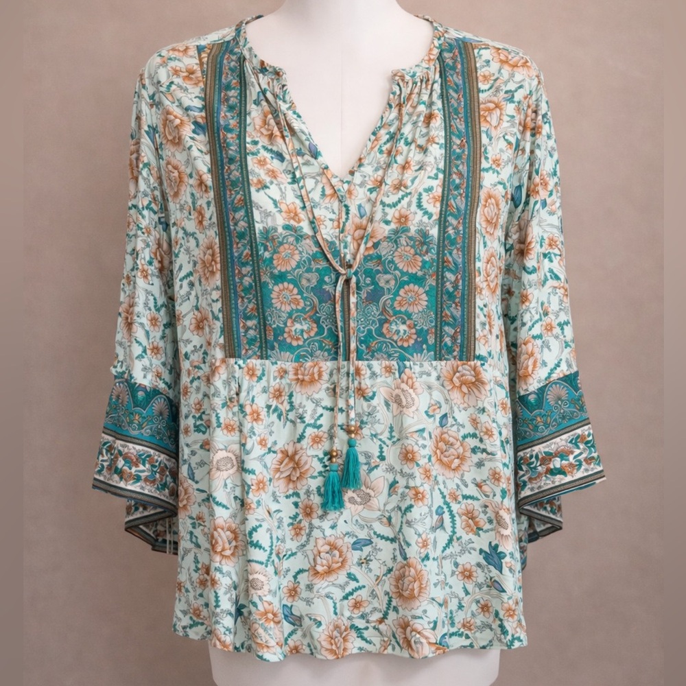 Unixseque Size Large Boho Teal & Tan Floral V-Neck Tunic Top New